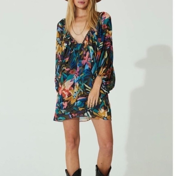 Jen's Pirate Booty x Free People Orissa M Black Blue Abstract Chiffon Mini Dress - Picture 2 of 11